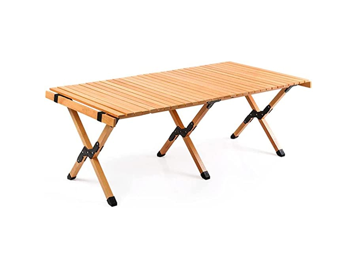 ウッドロールトップテーブル 天然木 折畳み 幅120/90×奥行き60×高さ43cm